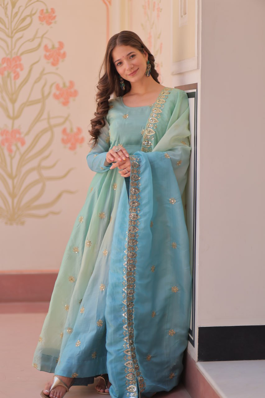 Sequins-Multi & Zari Embroidered Gown with Dupatta