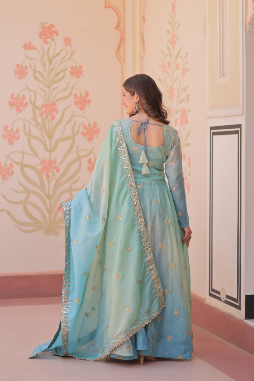 Sequins-Multi & Zari Embroidered Gown with Dupatta
