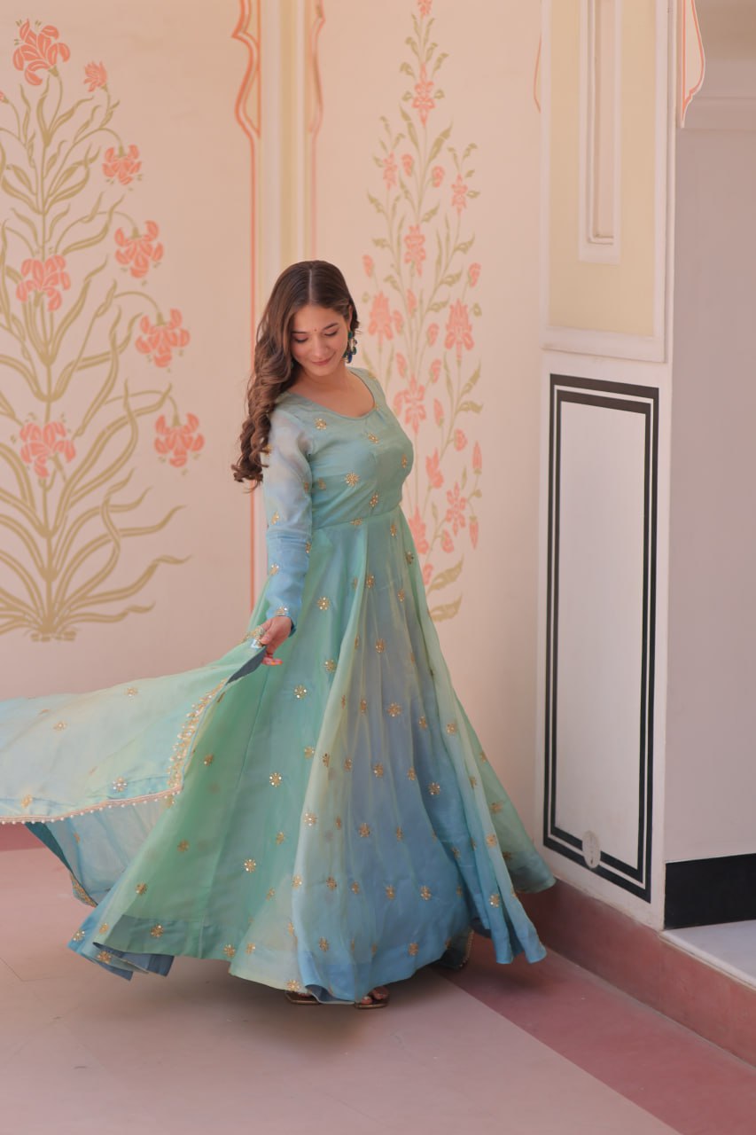 Sequins-Multi & Zari Embroidered Gown with Dupatta