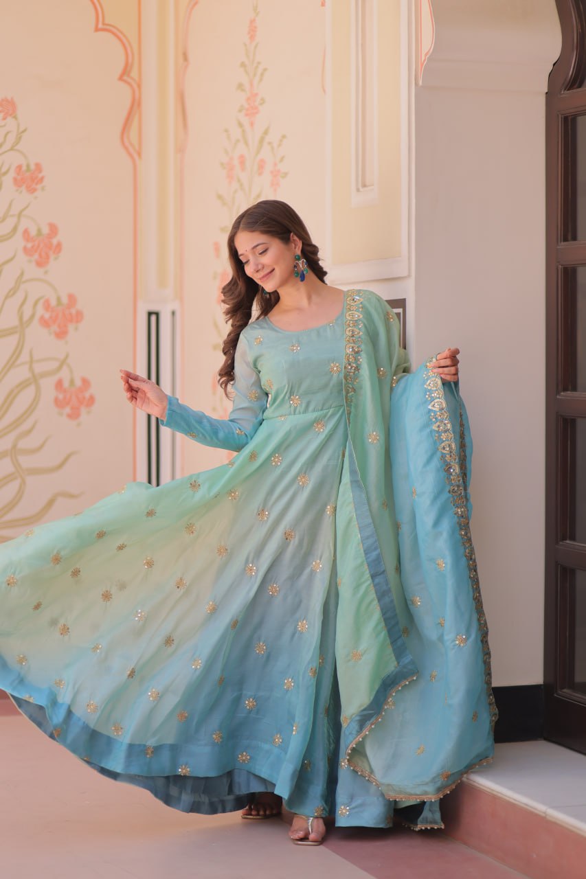 Sequins-Multi & Zari Embroidered Gown with Dupatta