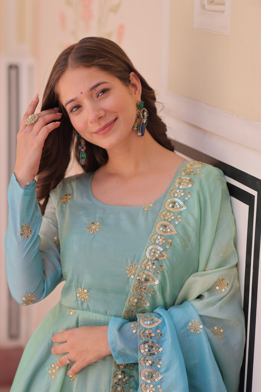 Sequins-Multi & Zari Embroidered Gown with Dupatta