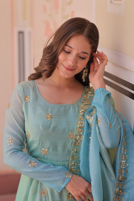 Sequins-Multi & Zari Embroidered Gown with Dupatta