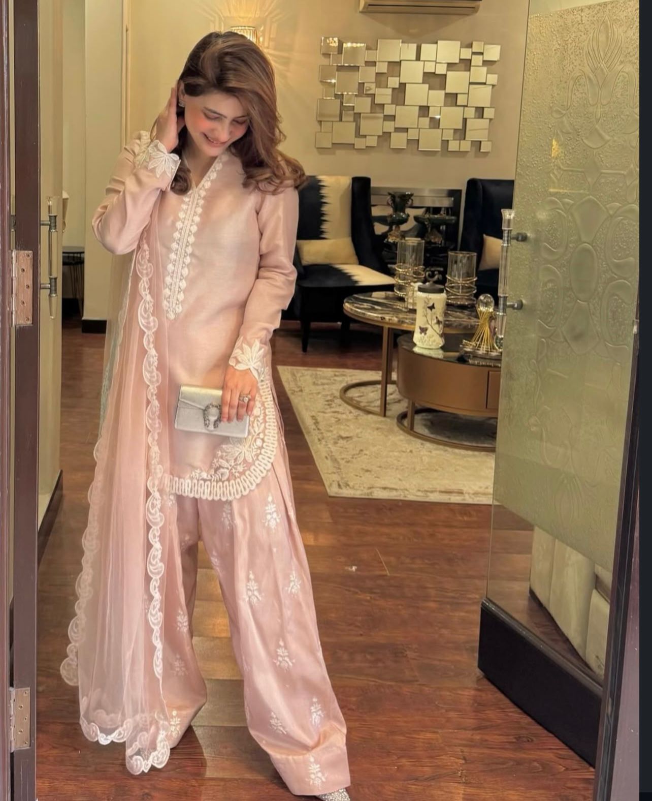 Premium Natural Crepe Silk Embroidered Top, Farshi Pant & Dupatta Set