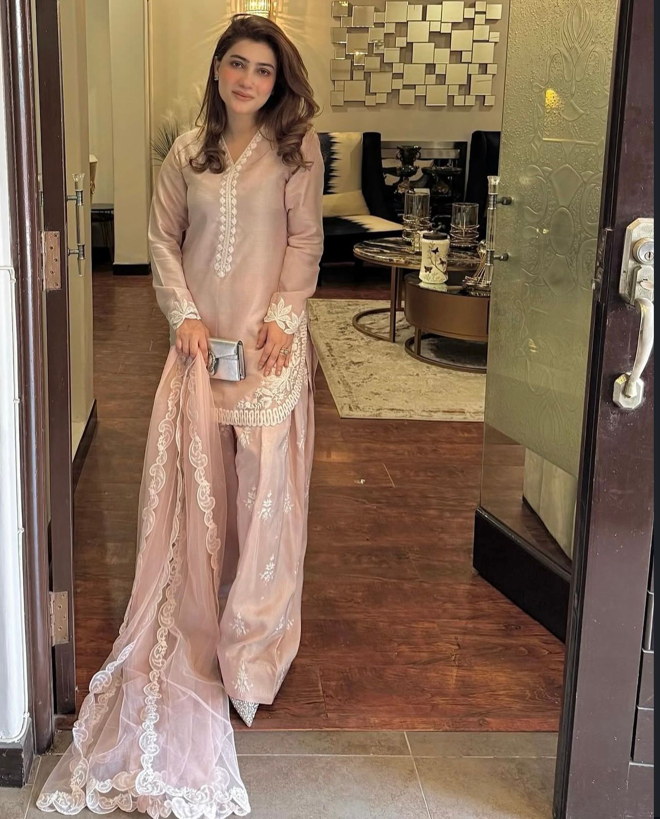 Premium Natural Crepe Silk Embroidered Top, Farshi Pant & Dupatta Set