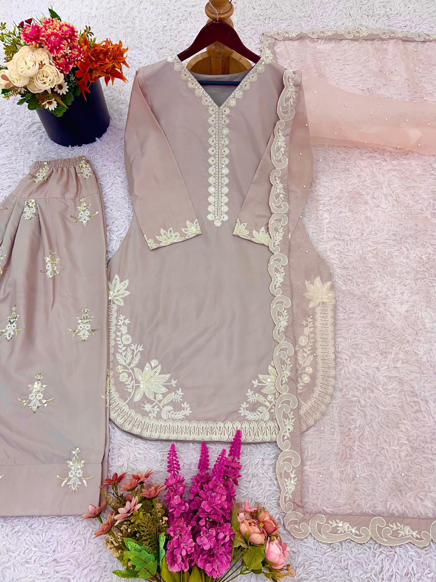 Premium Natural Crepe Silk Embroidered Top, Farshi Pant & Dupatta Set