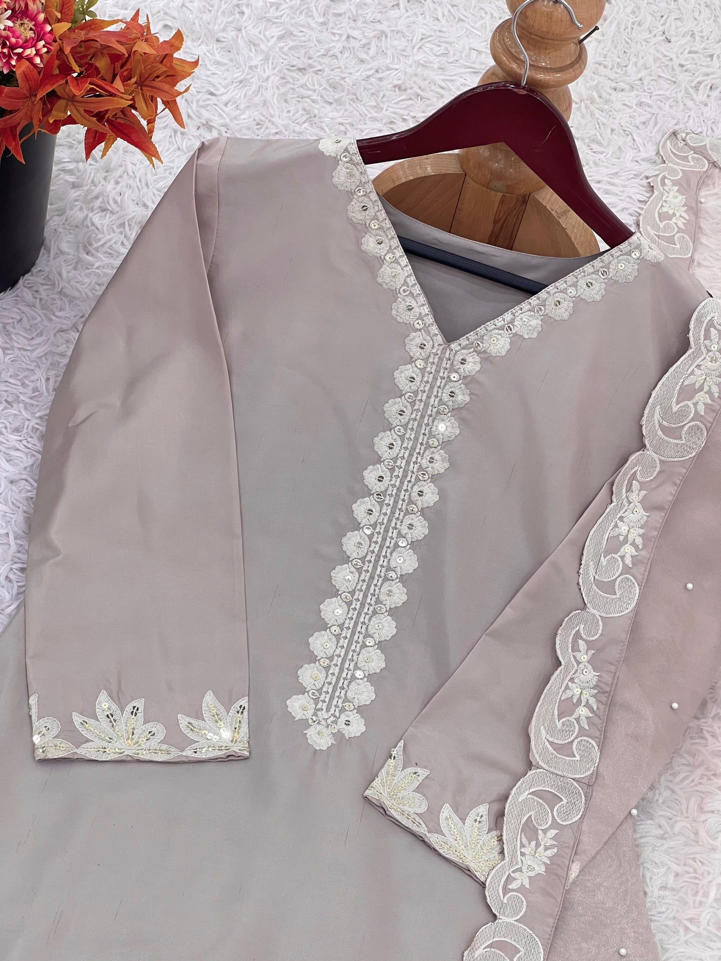 Premium Natural Crepe Silk Embroidered Top, Farshi Pant & Dupatta Set