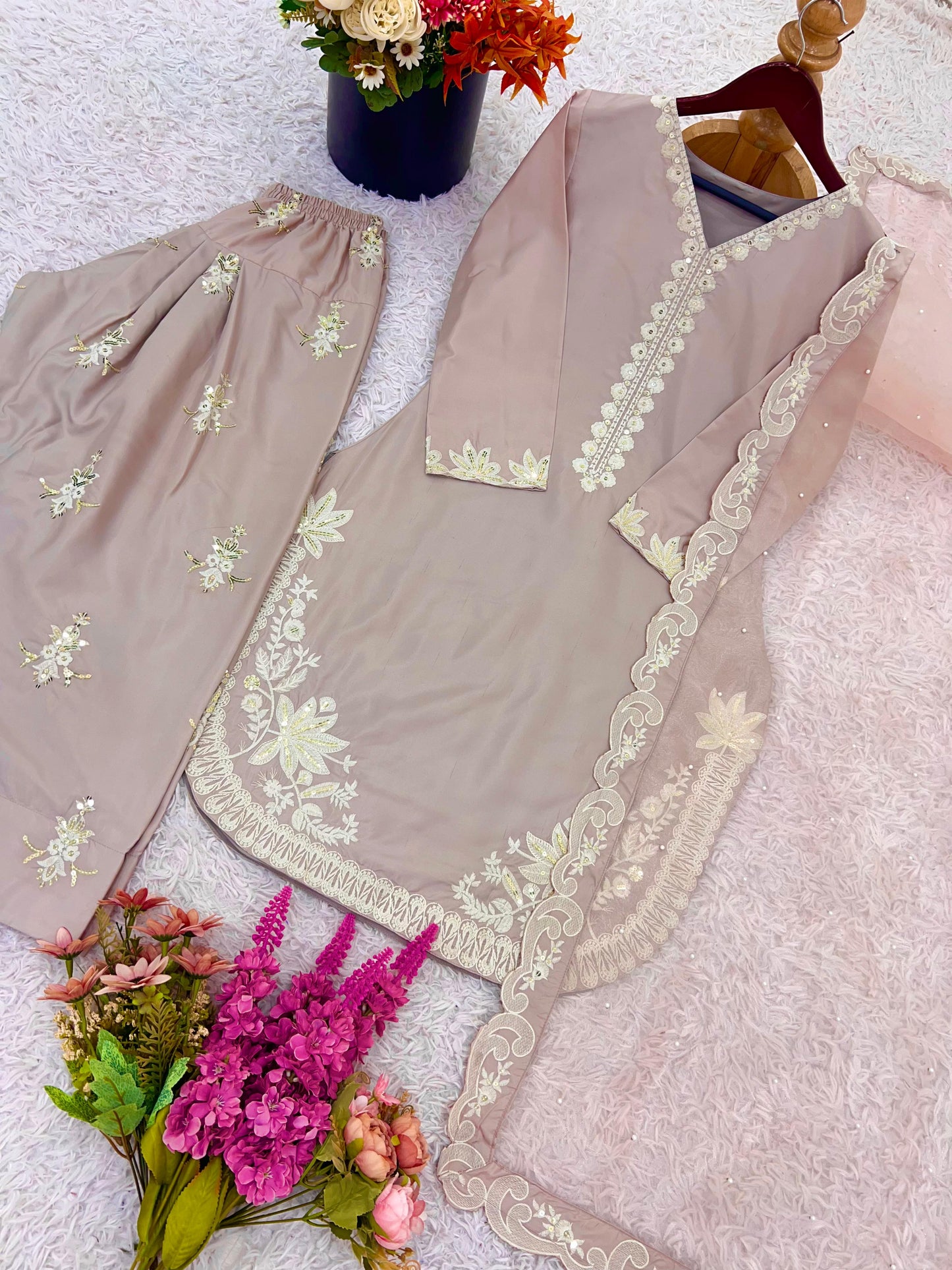 Premium Natural Crepe Silk Embroidered Top, Farshi Pant & Dupatta Set