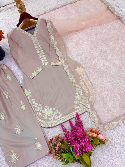 Premium Natural Crepe Silk Embroidered Top, Farshi Pant & Dupatta Set