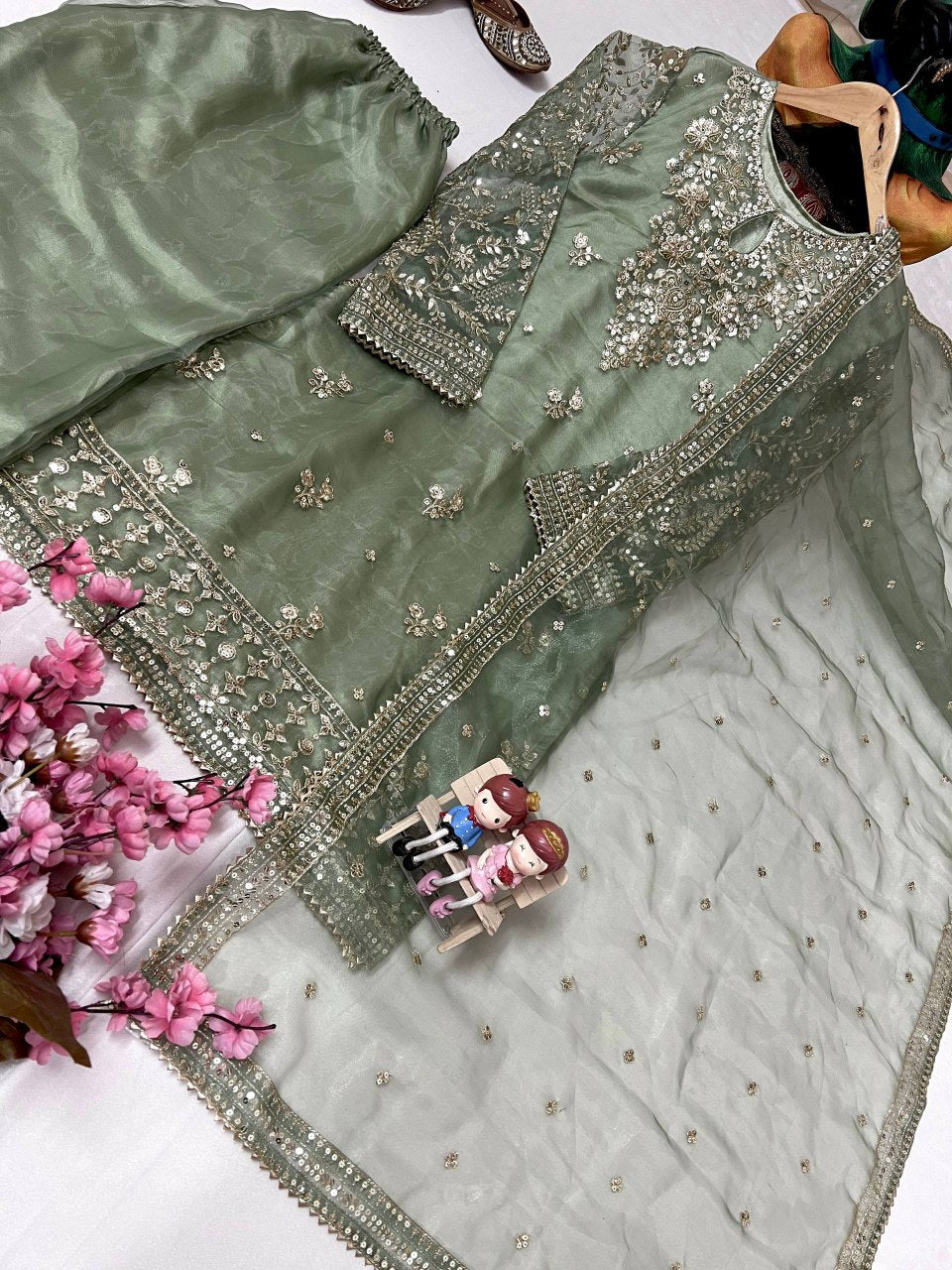 Elegant Organza Silk Kurti-Plazzo Set with Embroidered Dupatta
