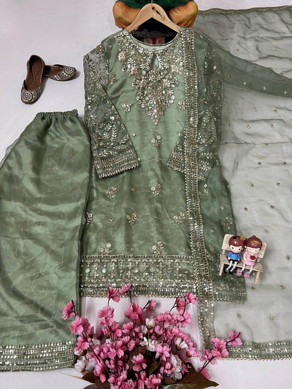 Elegant Organza Silk Kurti-Plazzo Set with Embroidered Dupatta