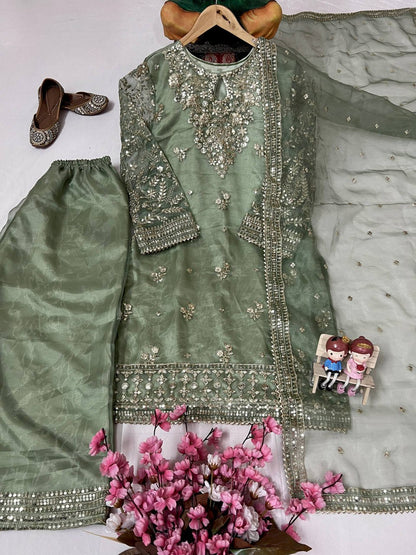 Elegant Organza Silk Kurti-Plazzo Set with Embroidered Dupatta