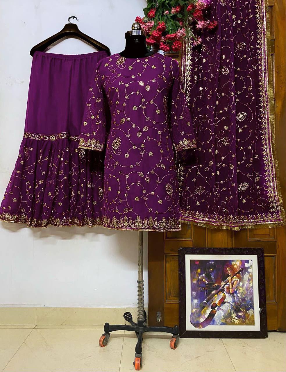 Designer Georgette Sharara Set with Sequin Embroidery & Dupatta