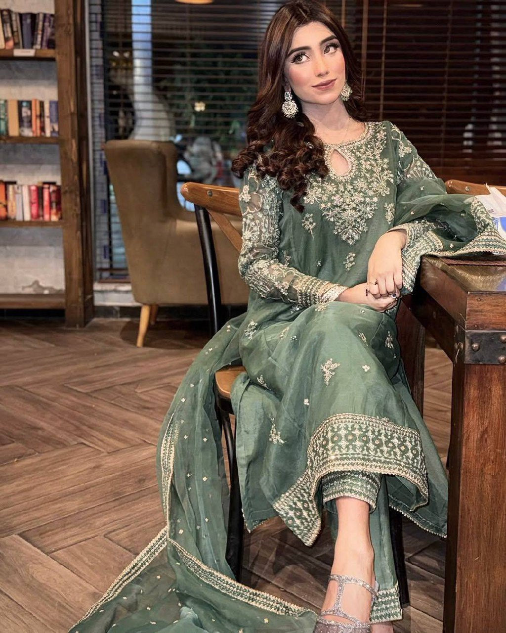 Elegant Organza Silk Kurti-Plazzo Set with Embroidered Dupatta