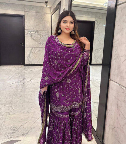 Designer Georgette Sharara Set with Sequin Embroidery & Dupatta