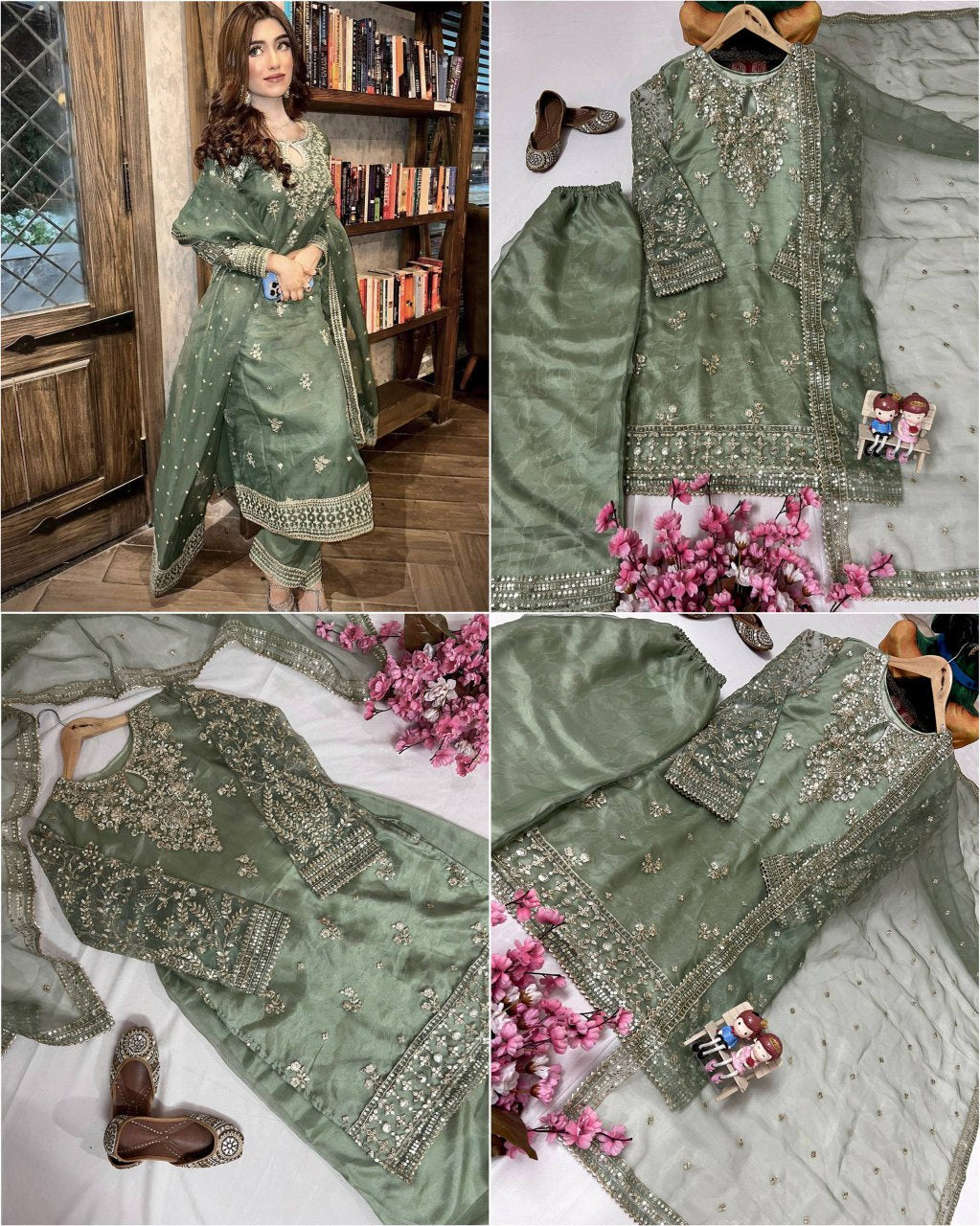 Elegant Organza Silk Kurti-Plazzo Set with Embroidered Dupatta