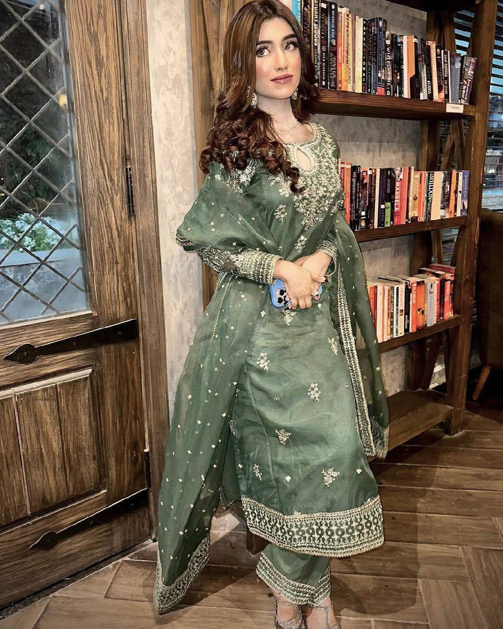 Elegant Organza Silk Kurti-Plazzo Set with Embroidered Dupatta