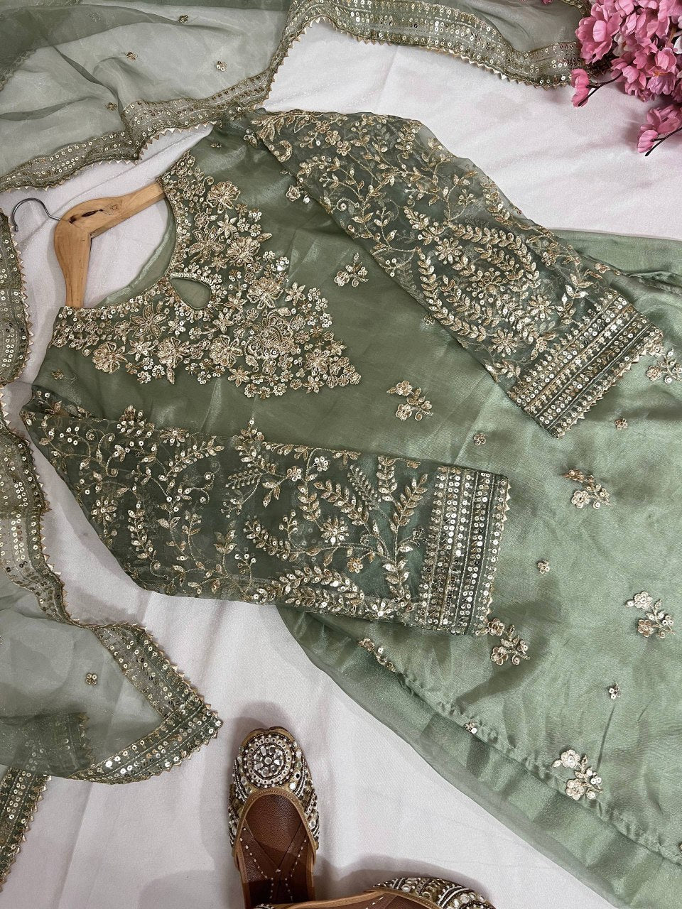 Elegant Organza Silk Kurti-Plazzo Set with Embroidered Dupatta