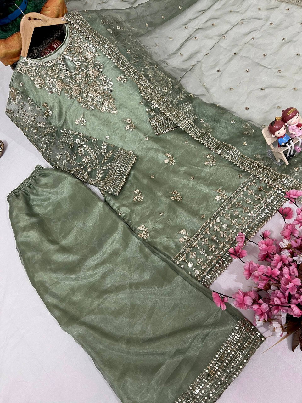 Elegant Organza Silk Kurti-Plazzo Set with Embroidered Dupatta
