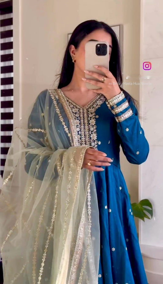 Elegant Pure Satin Silk Gown Set with Pant & Dupatta – Ready to Wear