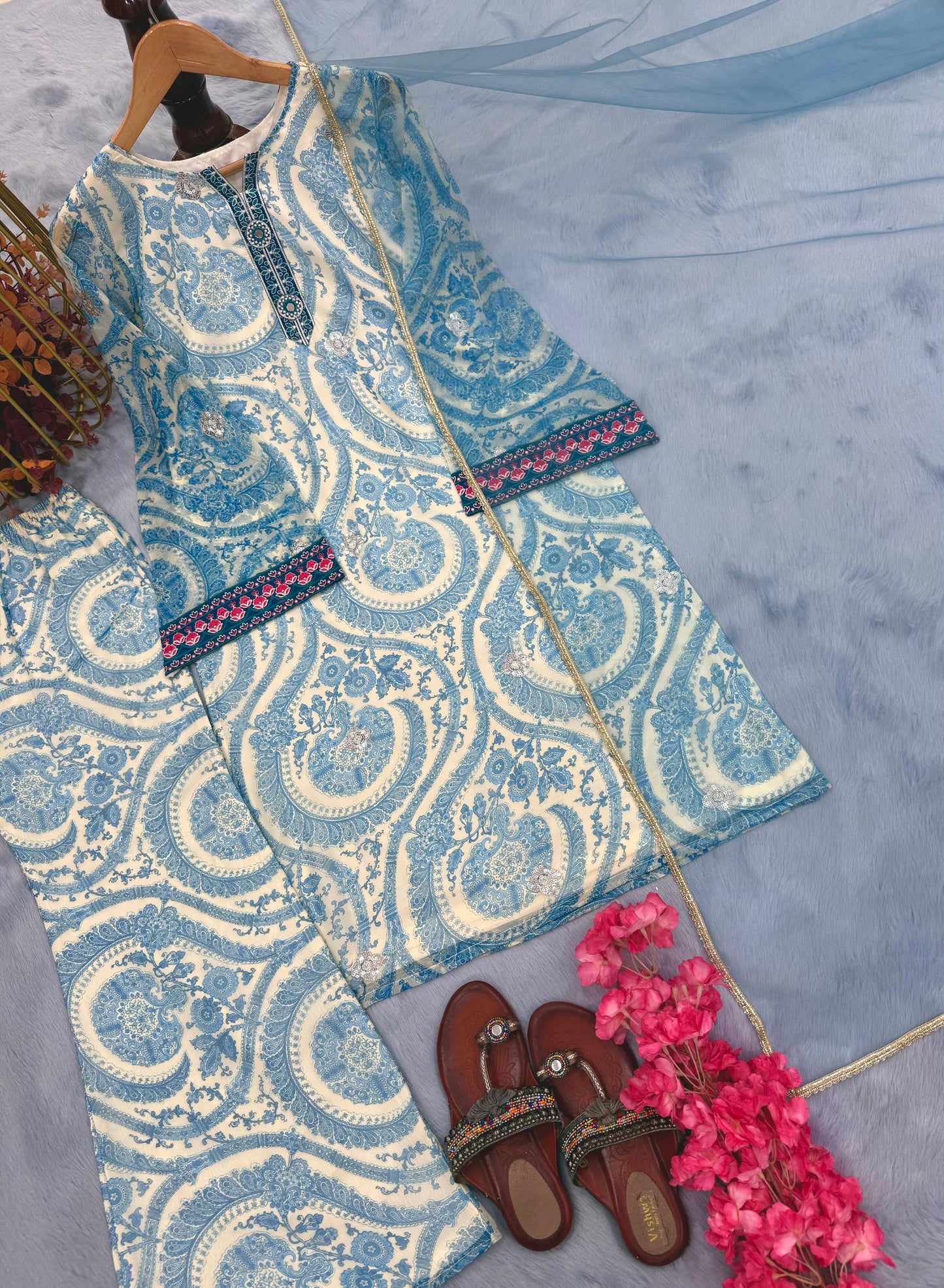 Designer Party Wear Chiffon Georgette Top & Farshi Plazzo Set with Dupatta