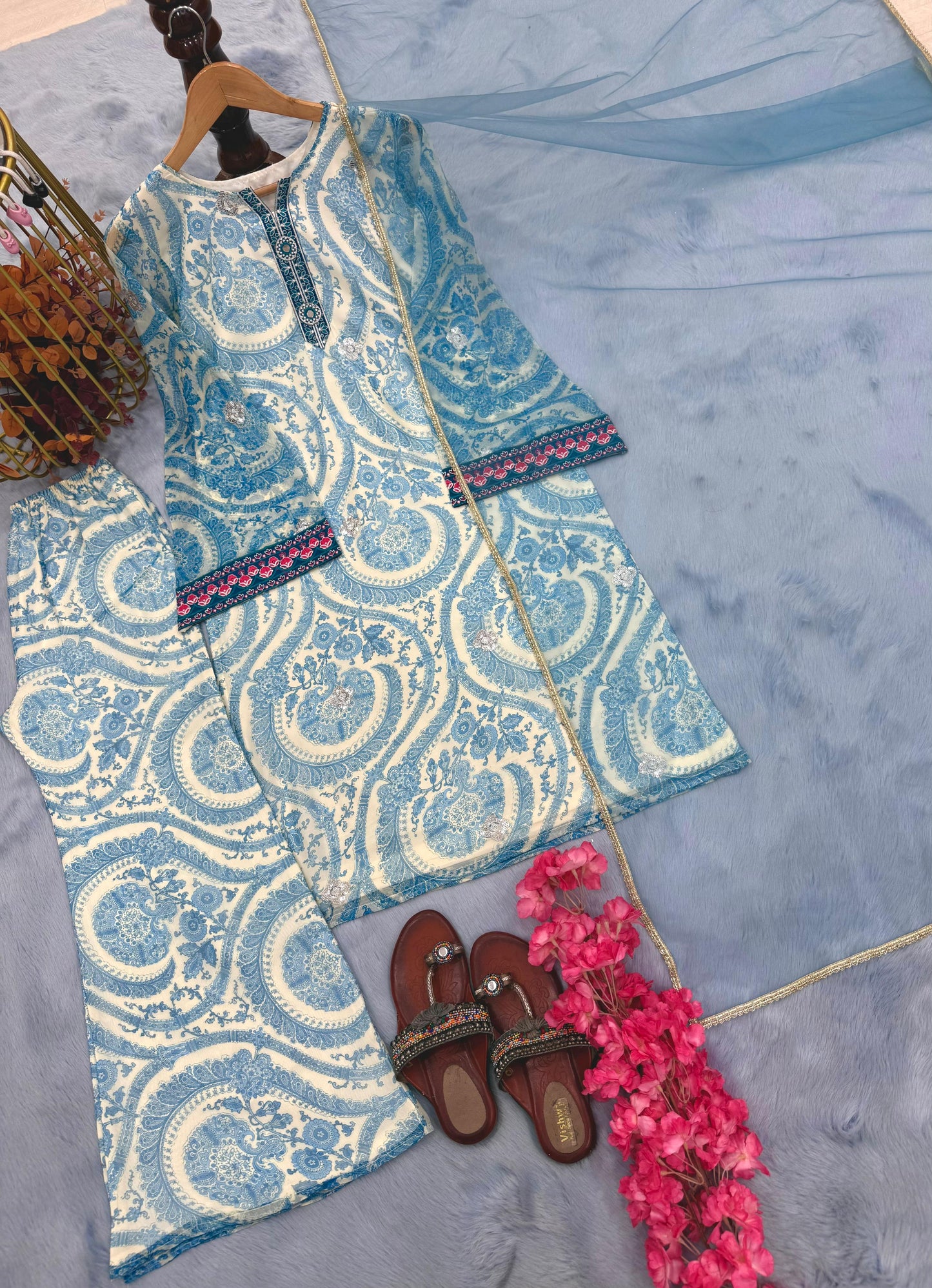 Designer Party Wear Chiffon Georgette Top & Farshi Plazzo Set with Dupatta
