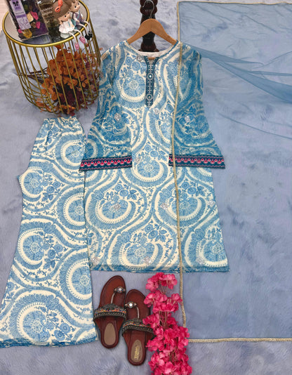 Designer Party Wear Chiffon Georgette Top & Farshi Plazzo Set with Dupatta