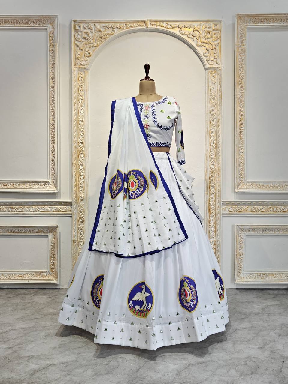 Elegant Muslin Cotton Lehenga Set with Real Mirror Work – Unstitched Blouse