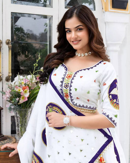 Elegant Muslin Cotton Lehenga Set with Real Mirror Work – Unstitched Blouse