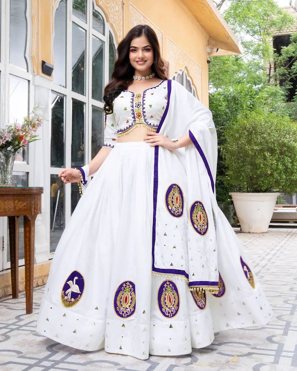 Elegant Muslin Cotton Lehenga Set with Real Mirror Work – Unstitched Blouse
