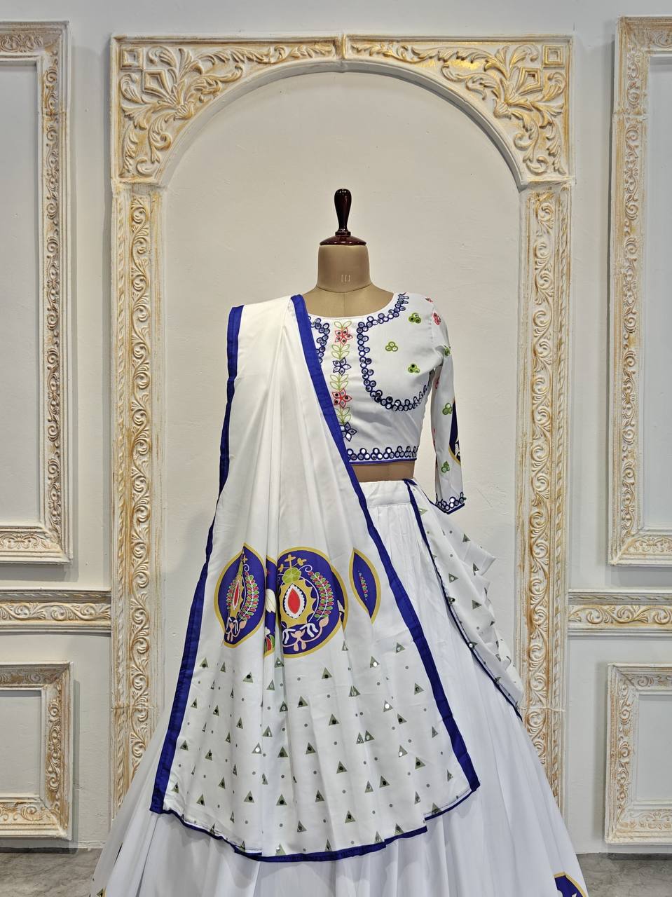 Elegant Muslin Cotton Lehenga Set with Real Mirror Work – Unstitched Blouse