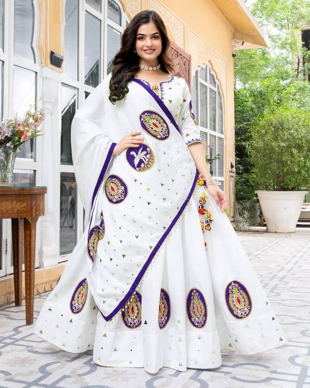 Elegant Muslin Cotton Lehenga Set with Real Mirror Work – Unstitched Blouse