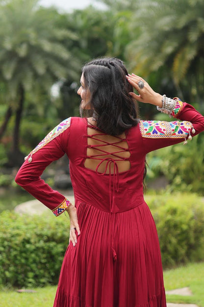 Maroon Kutchi Gamthi Work Frill Gown in 14 Kg Rayon