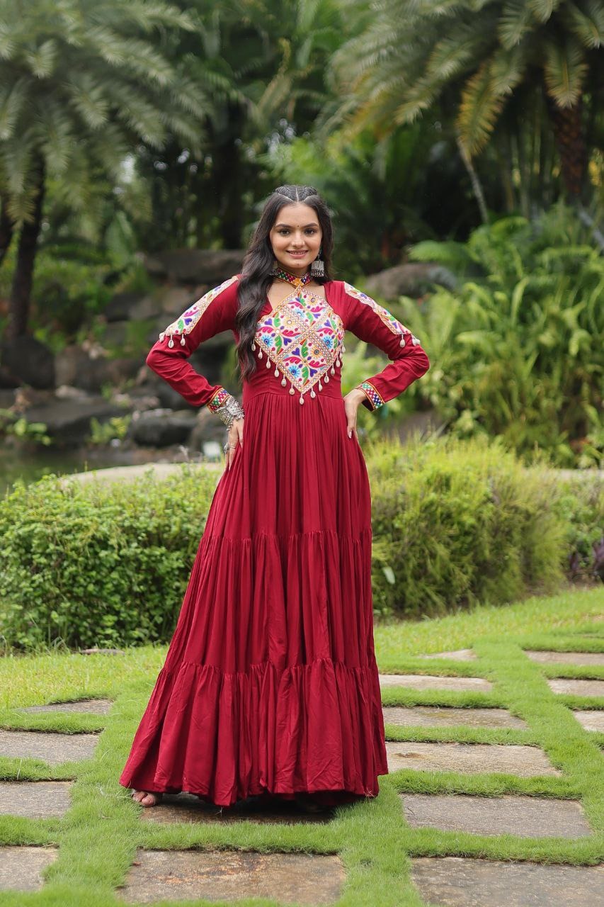 Maroon Kutchi Gamthi Work Frill Gown in 14 Kg Rayon