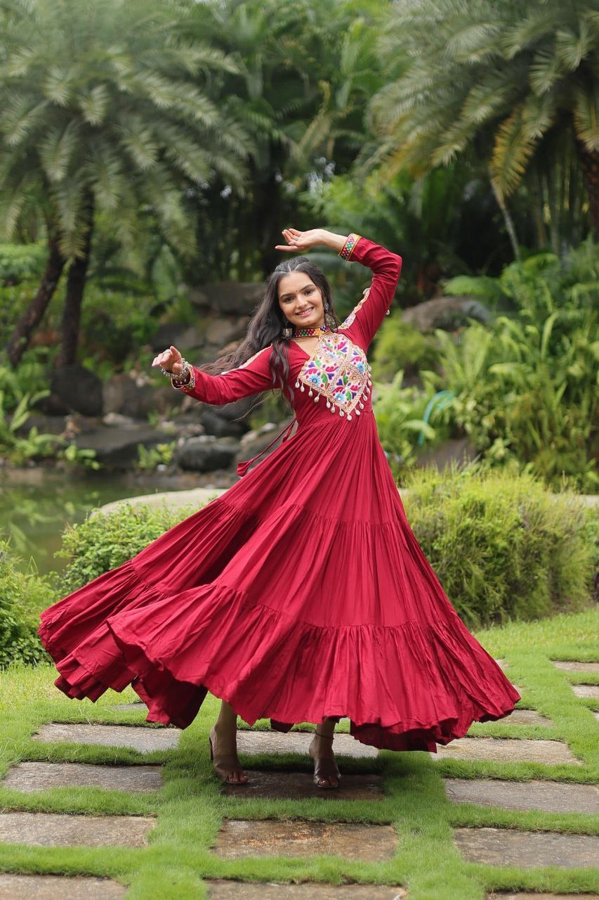 Maroon Kutchi Gamthi Work Frill Gown in 14 Kg Rayon