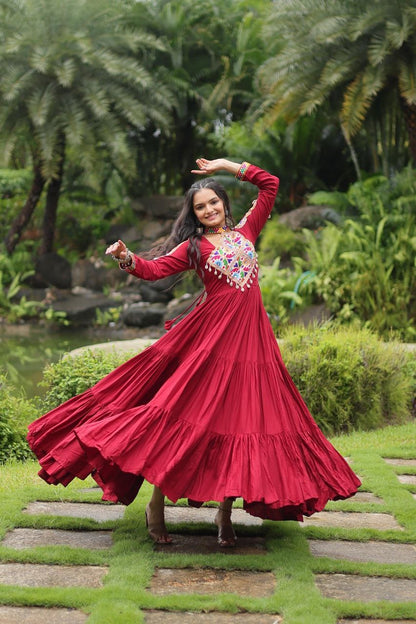 Maroon Kutchi Gamthi Work Frill Gown in 14 Kg Rayon