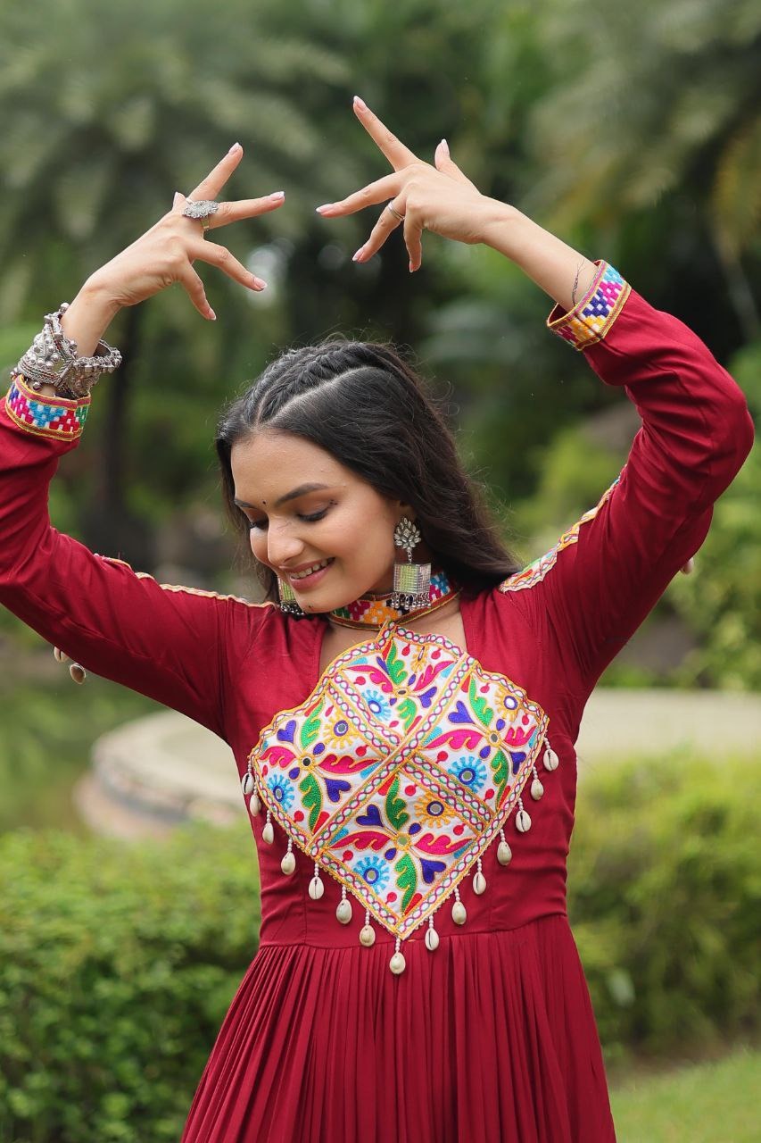 Maroon Kutchi Gamthi Work Frill Gown in 14 Kg Rayon