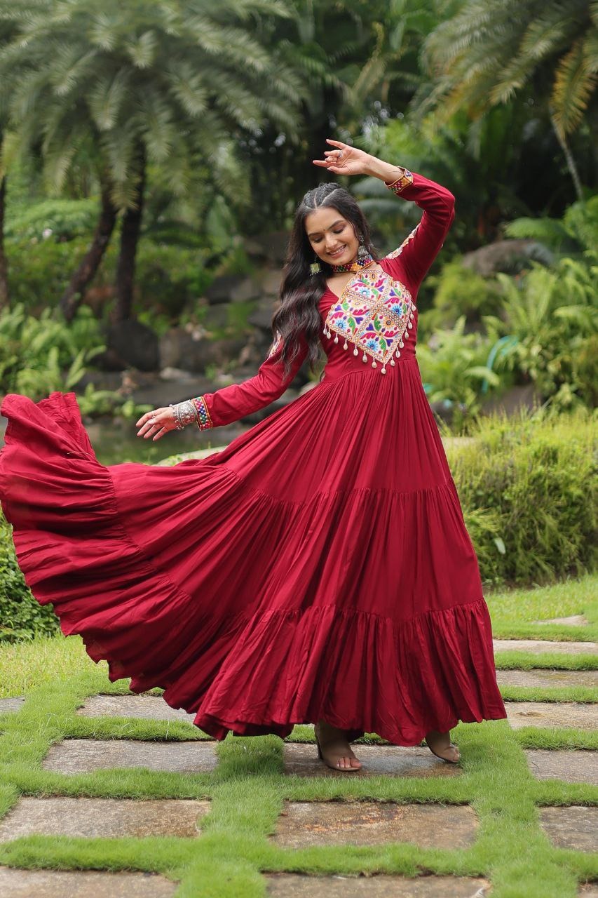 Maroon Kutchi Gamthi Work Frill Gown in 14 Kg Rayon