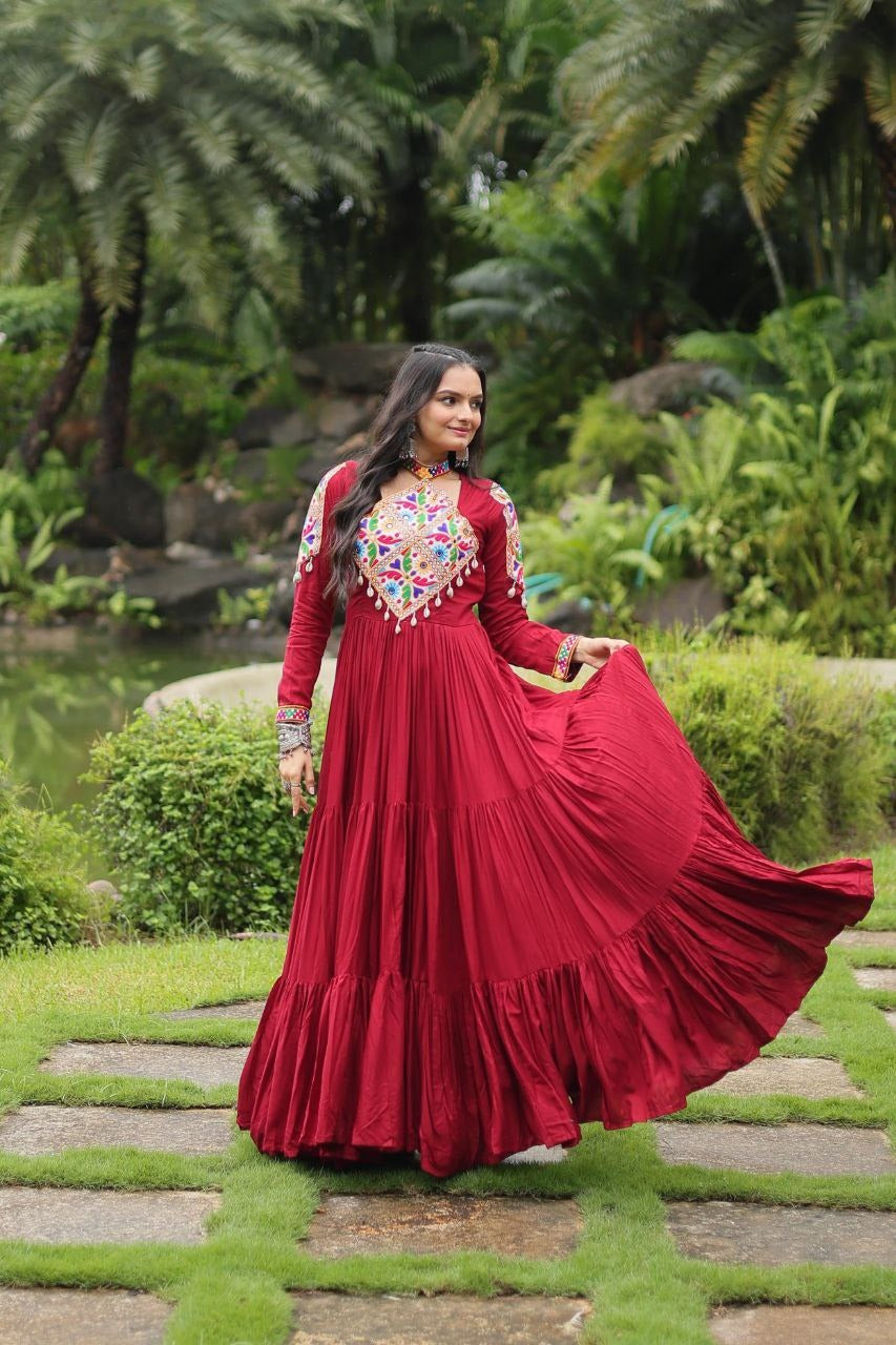 Maroon Kutchi Gamthi Work Frill Gown in 14 Kg Rayon