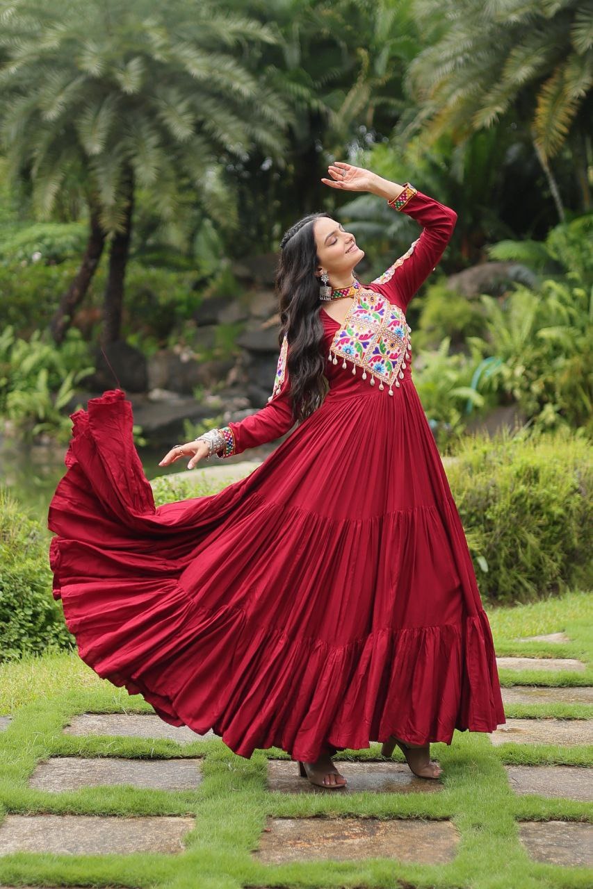 Maroon Kutchi Gamthi Work Frill Gown in 14 Kg Rayon