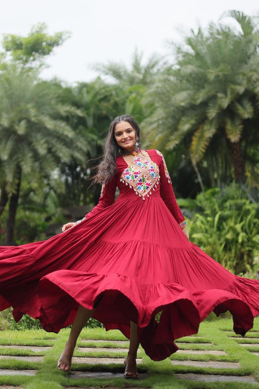 Maroon Kutchi Gamthi Work Frill Gown in 14 Kg Rayon