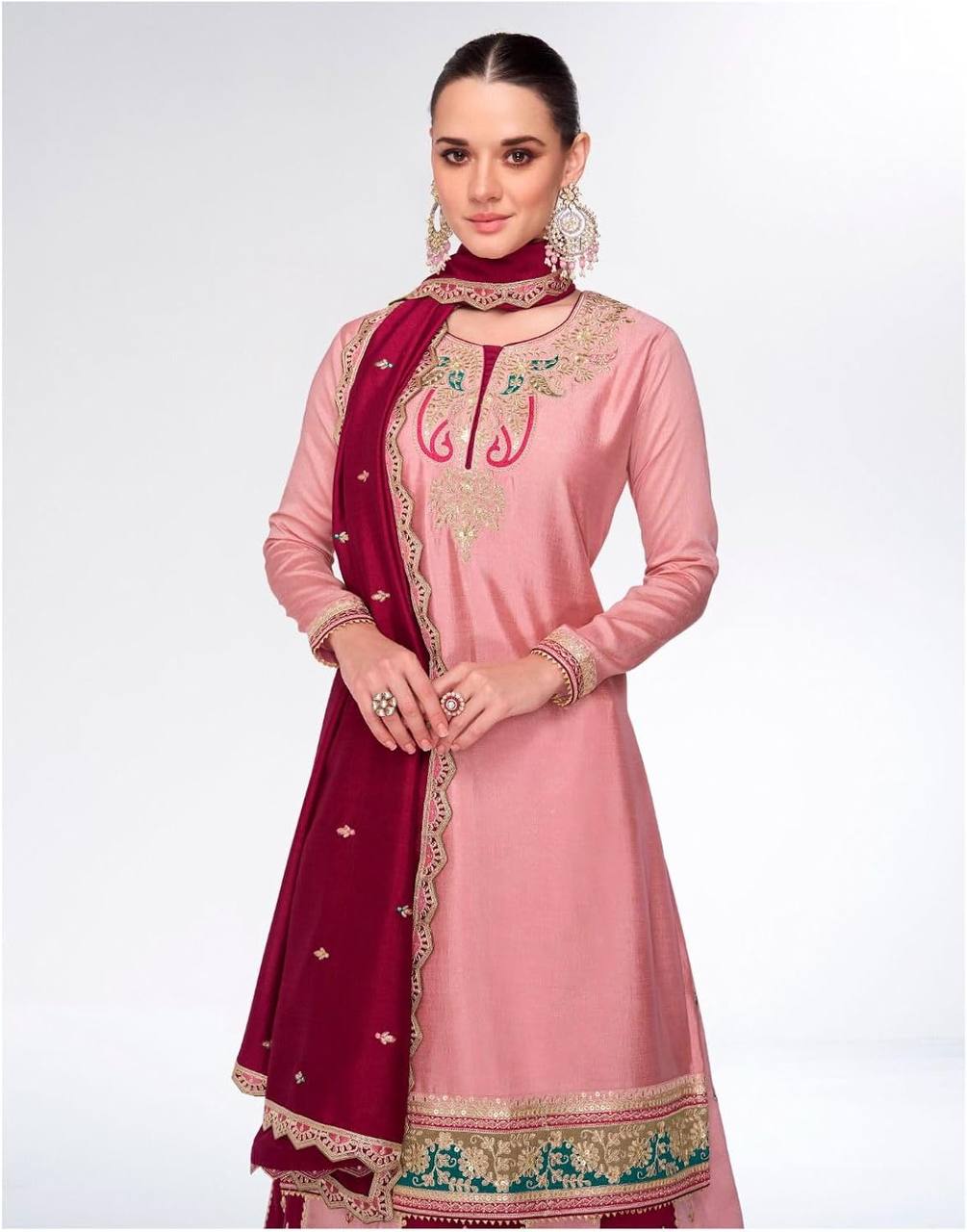 Designer Chinnon Silk Sharara Set with Heavy Embroidery & Sequin Work – Ready to Wear (M to XXL Sizes)