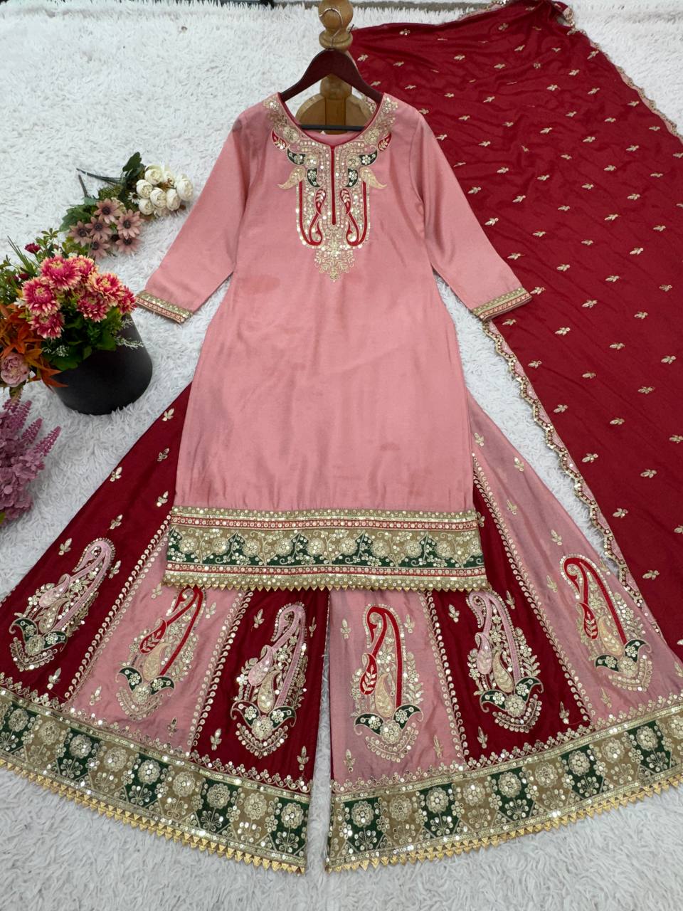 Designer Chinnon Silk Sharara Set with Heavy Embroidery & Sequin Work – Ready to Wear (M to XXL Sizes)