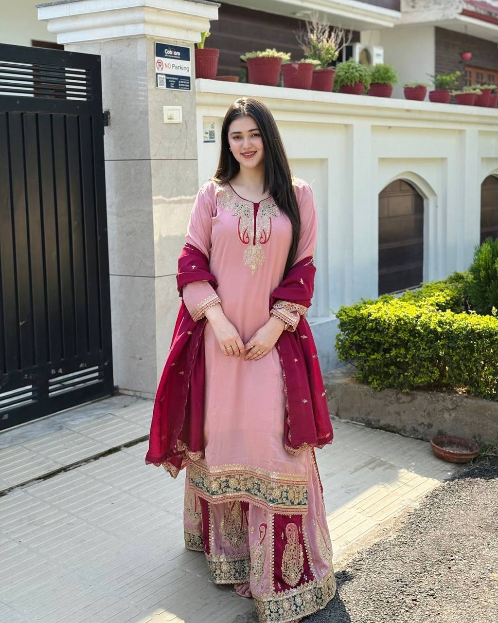 Designer Chinnon Silk Sharara Set with Heavy Embroidery & Sequin Work – Ready to Wear (M to XXL Sizes)