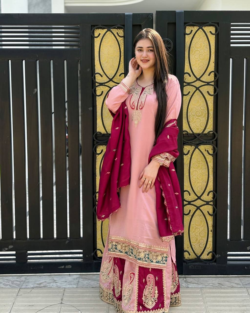 Designer Chinnon Silk Sharara Set with Heavy Embroidery & Sequin Work – Ready to Wear (M to XXL Sizes)