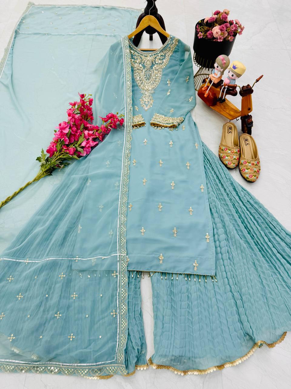 Turn heads this festive season with our New Designer Party Wear Set, featuring elegant embroidery and luxurious fabric