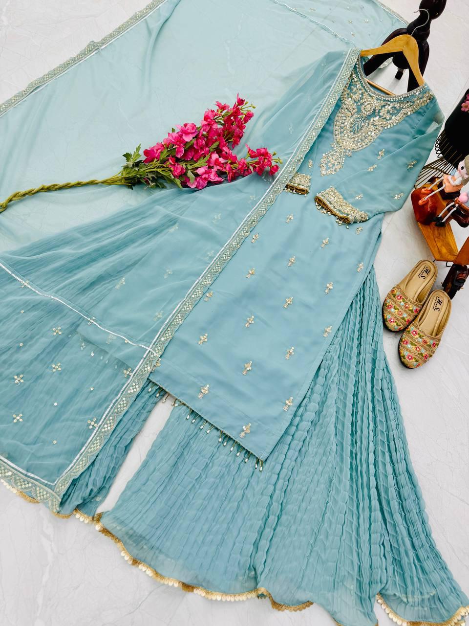 Turn heads this festive season with our New Designer Party Wear Set, featuring elegant embroidery and luxurious fabric