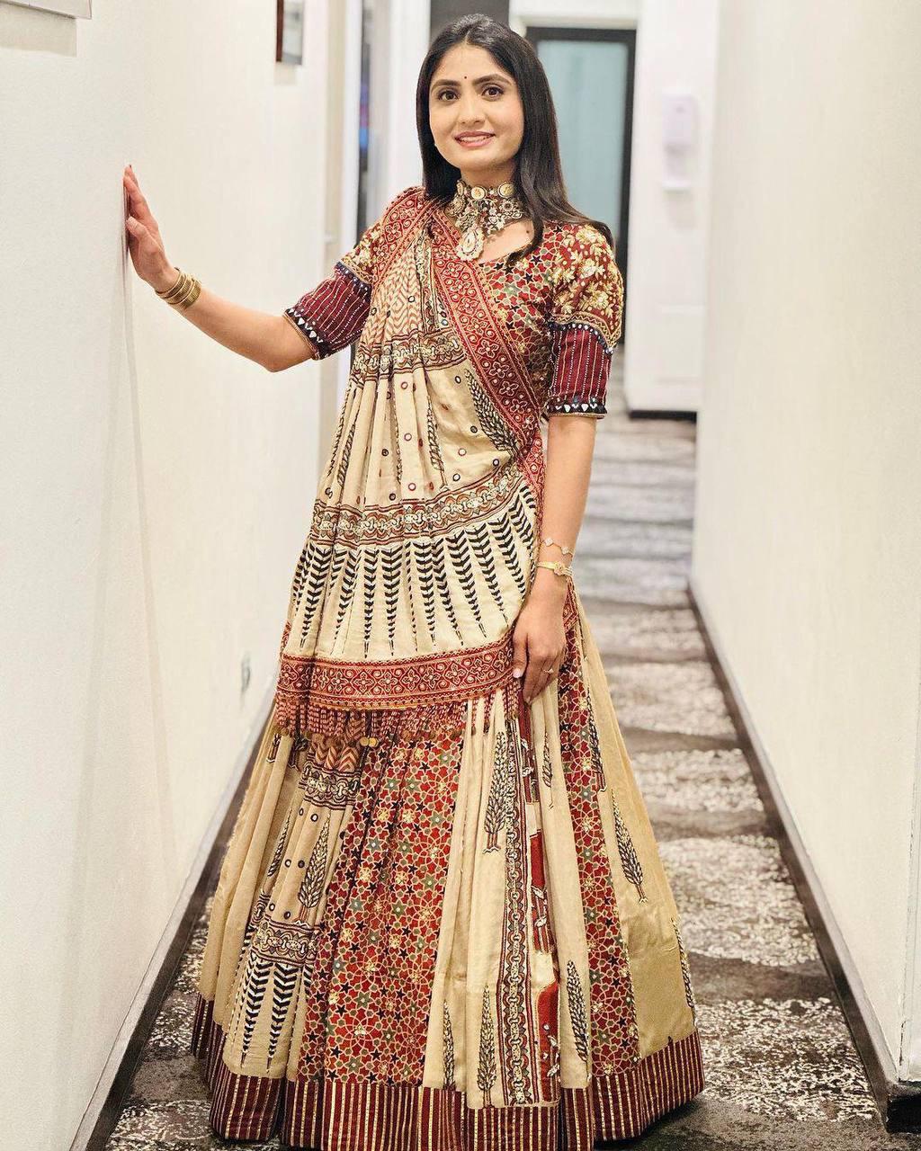 Printed Muslin Lehenga Choli with Real Mirror Work & Handcrafted Dupatta