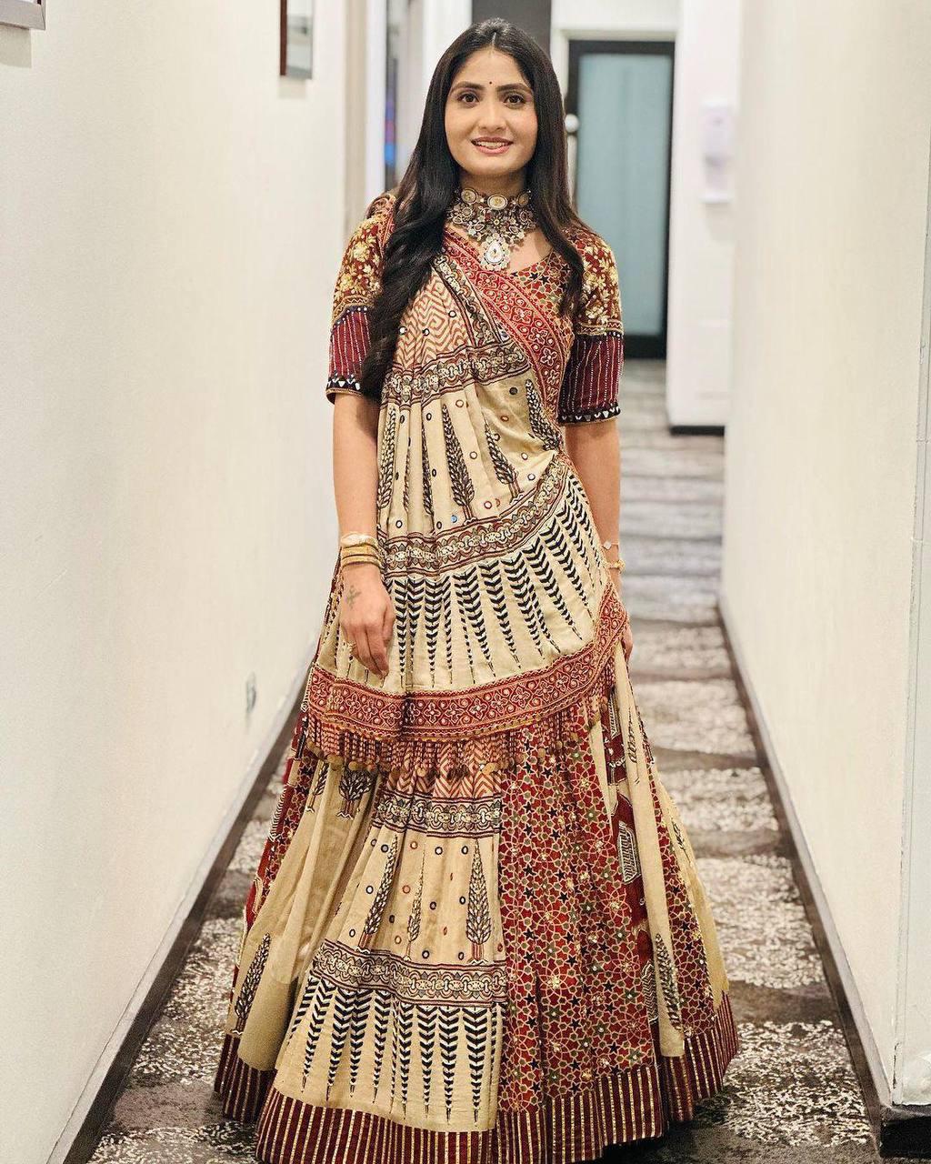 Printed Muslin Lehenga Choli with Real Mirror Work & Handcrafted Dupatta