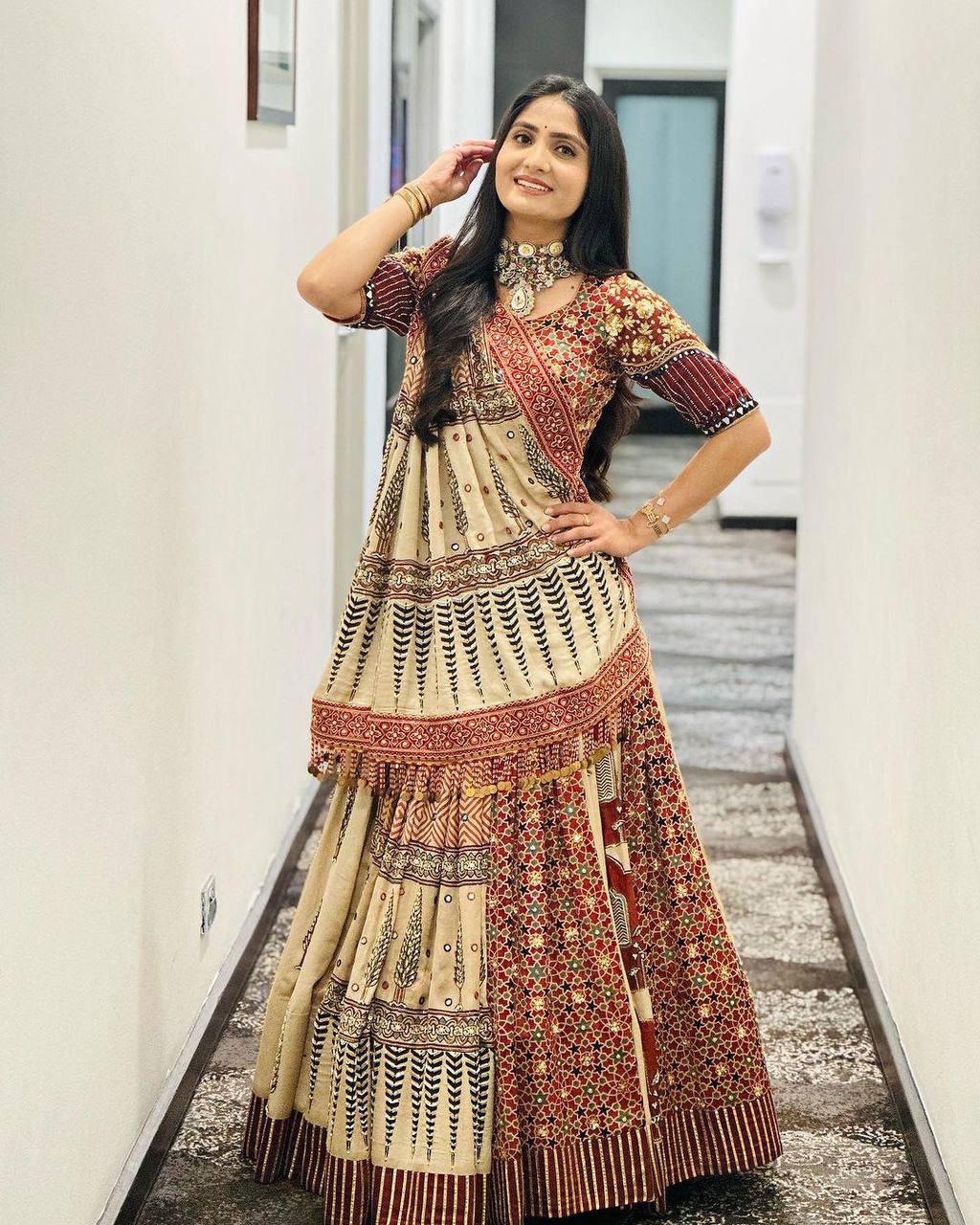Printed Muslin Lehenga Choli with Real Mirror Work & Handcrafted Dupatta