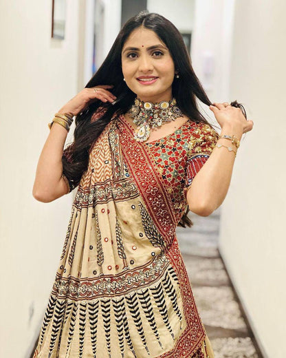Printed Muslin Lehenga Choli with Real Mirror Work & Handcrafted Dupatta